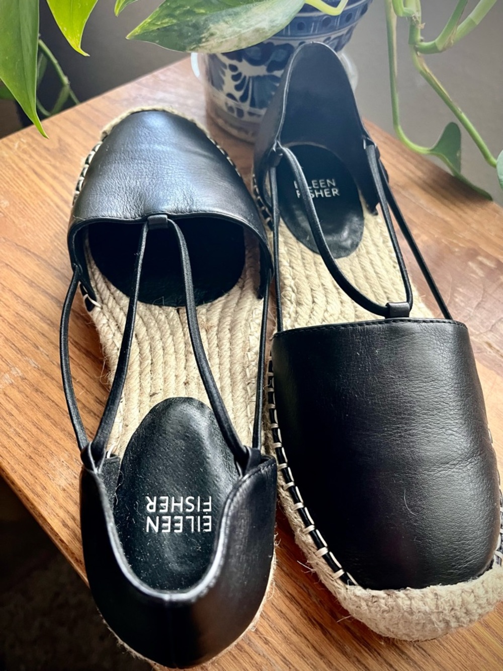 Eileen Fisher Black Leather Espadrille Slingback Flats